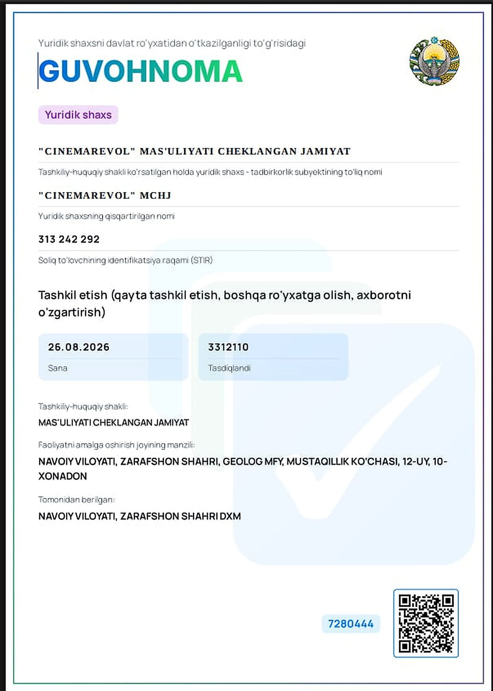 "CINEMAREVOL" MChJ ni davlat ro‘yxatidan o‘tkazilganligi to‘g‘risidagi guvohnoma
